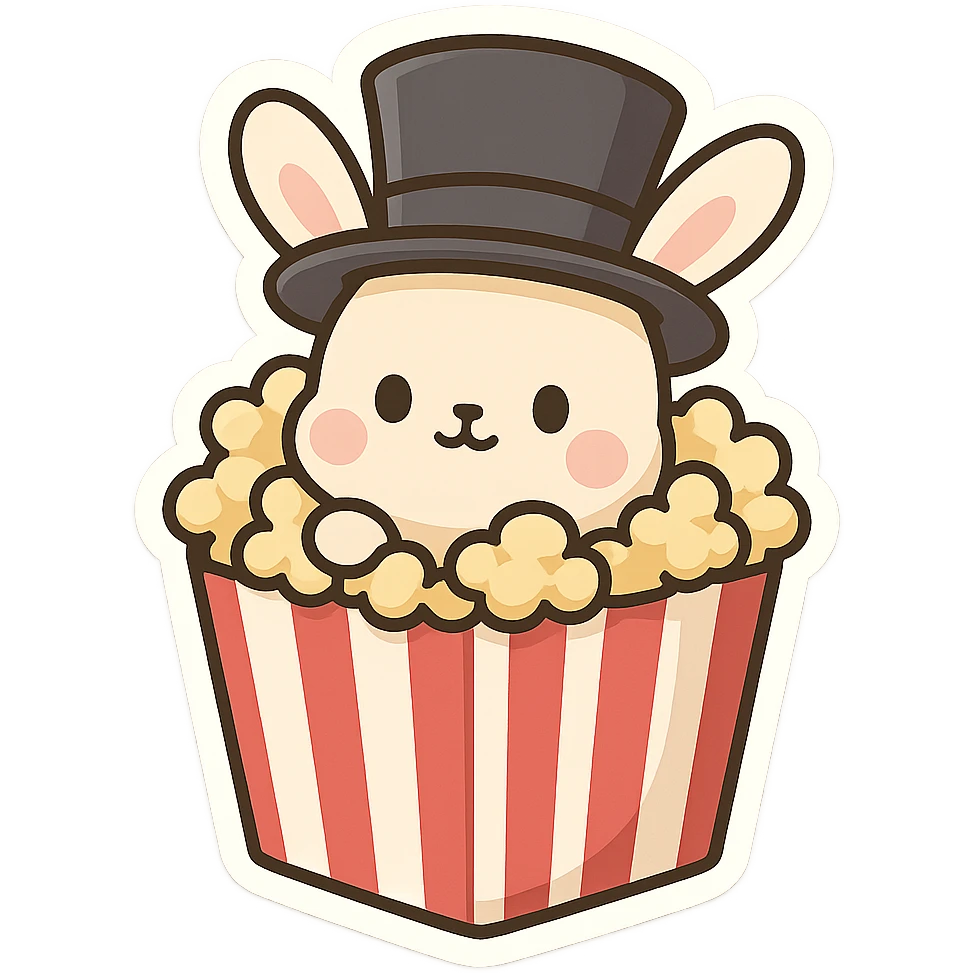 cartoon style striped popcorn box with a small bunny inside, bunny wearing a magician's top hat emoji