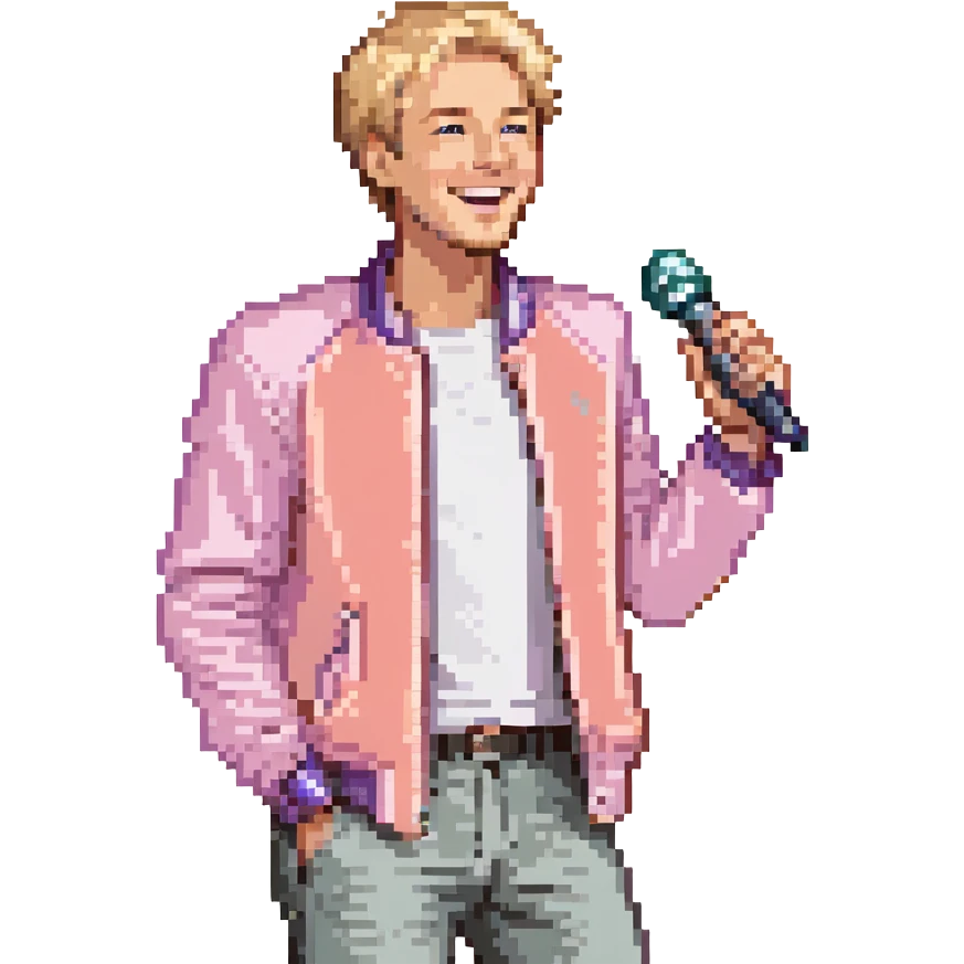 Pixel art style, expressive male performer, Caucasian features, short sandy blonde hair, lively eyes, wide cheerful smile, wearing a coral violet jacket over white tee, tossing a microphone in one hand, waist-up, front-facing emoji