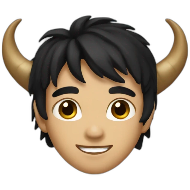 An imp,black hair,brown eyes,smile,dark brown horns emoji
