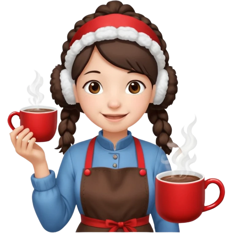 A cozy pig tail hair vendor with fluffy earmuffs, wearing apron handing out steaming cocoa with a warm smile. emoji