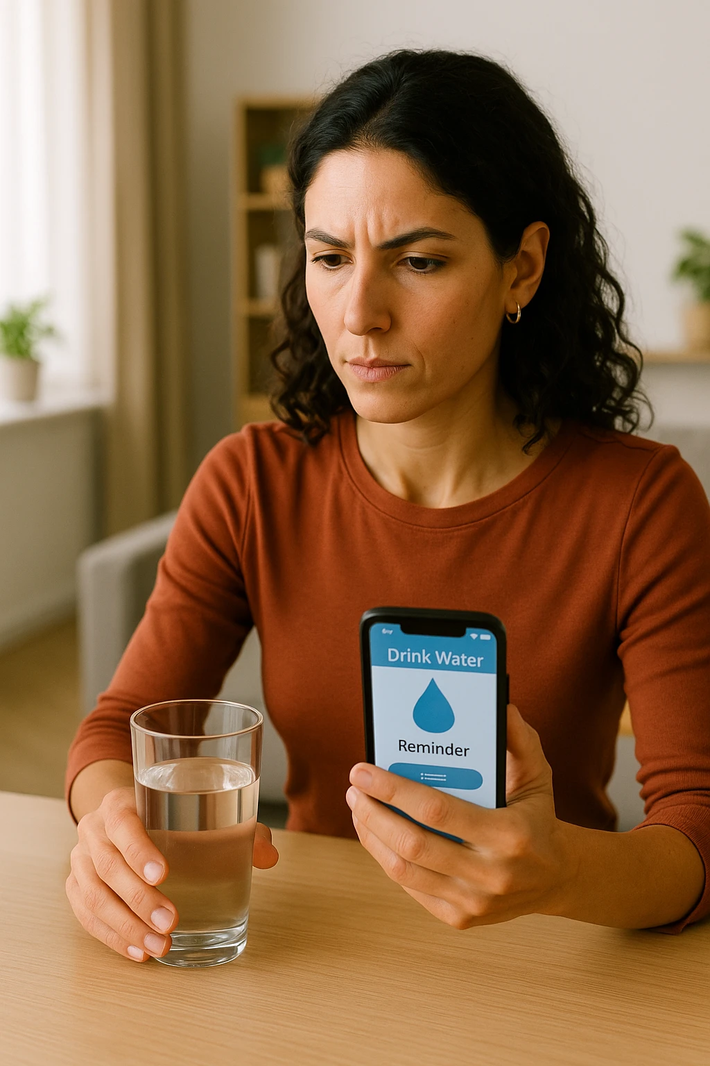 Donna che usa App per ricordarsi di bere, altrimenti non beve mai testo in italiano emoji