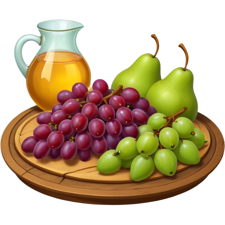 medieval fruit platter object icon, grapes apples pears, rustic plate, small honey drizzle, cozy medieval vibe, 3D cartoon, mobile game icon style, clean background, no text, no watermark
 emoji