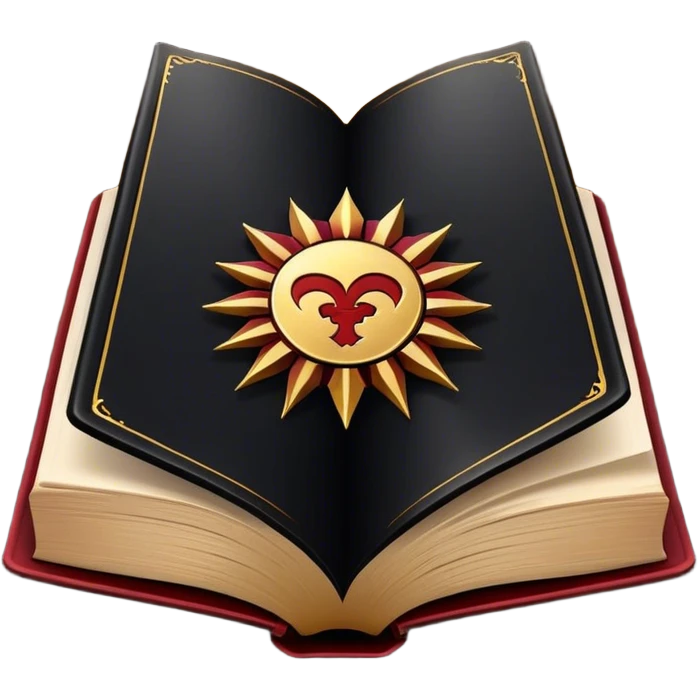 Un libro negro mate con detalles en dorado profundo o rojo oscuro, irradiando una sombra poderosa, con un símbolo, y una ligera aura de calor, reflejando el poder de vivir sin miedo.  emoji