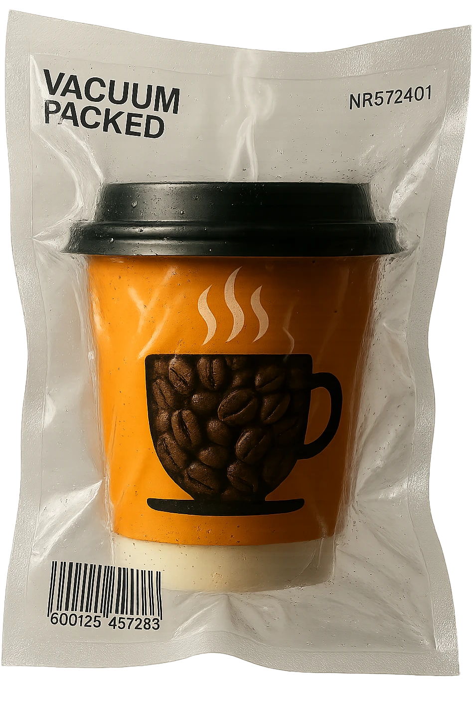 Add coffee beans inside the vacuum-sealed coffee cup with steam, keep the vacuum-sealed style, transparent background. emoji
