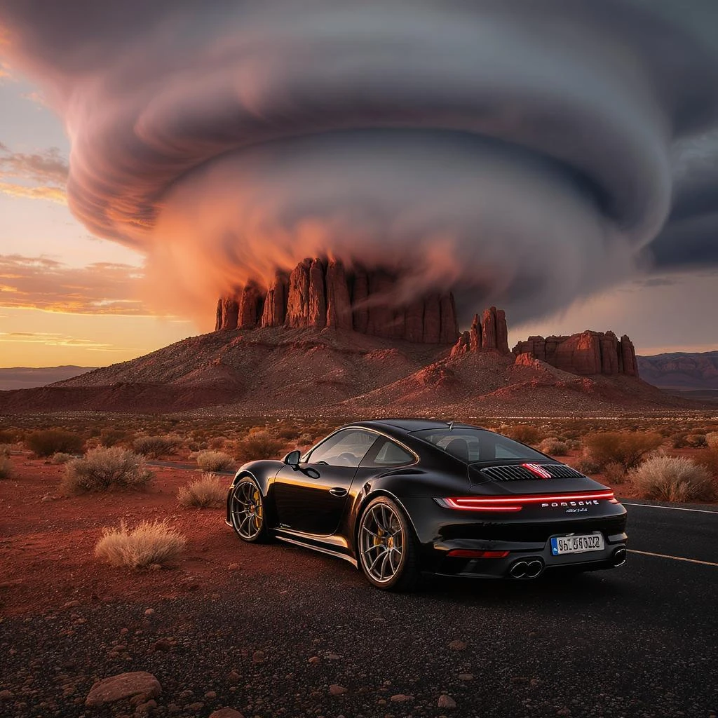 Cinematic still of a A modern desert mountain, wallpaper, modern, porsche 911, sunset, arizona desert, tornado in background emoji
