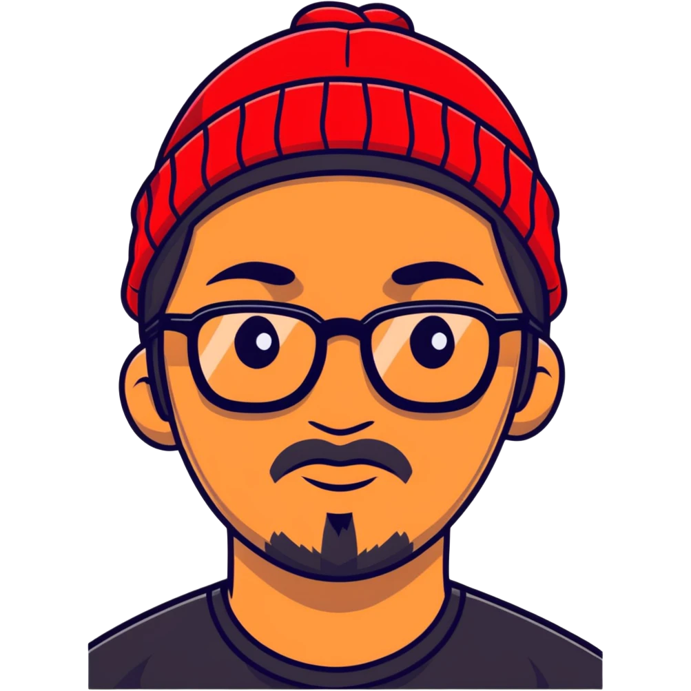 Asian man with black goatee, glasses, wearing a small red beanie emoji