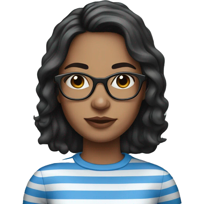 Woman with long dark brown hair, glasses, freckles and a blue and white striped shirt emoji