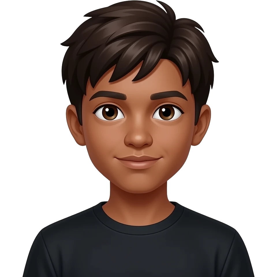 um menino de 13 anos com cara de 12, ele tem cabelo marrom escuro e pele negra, o olho dele  é castanho escuro e ele está usando uma camisa preta emoji