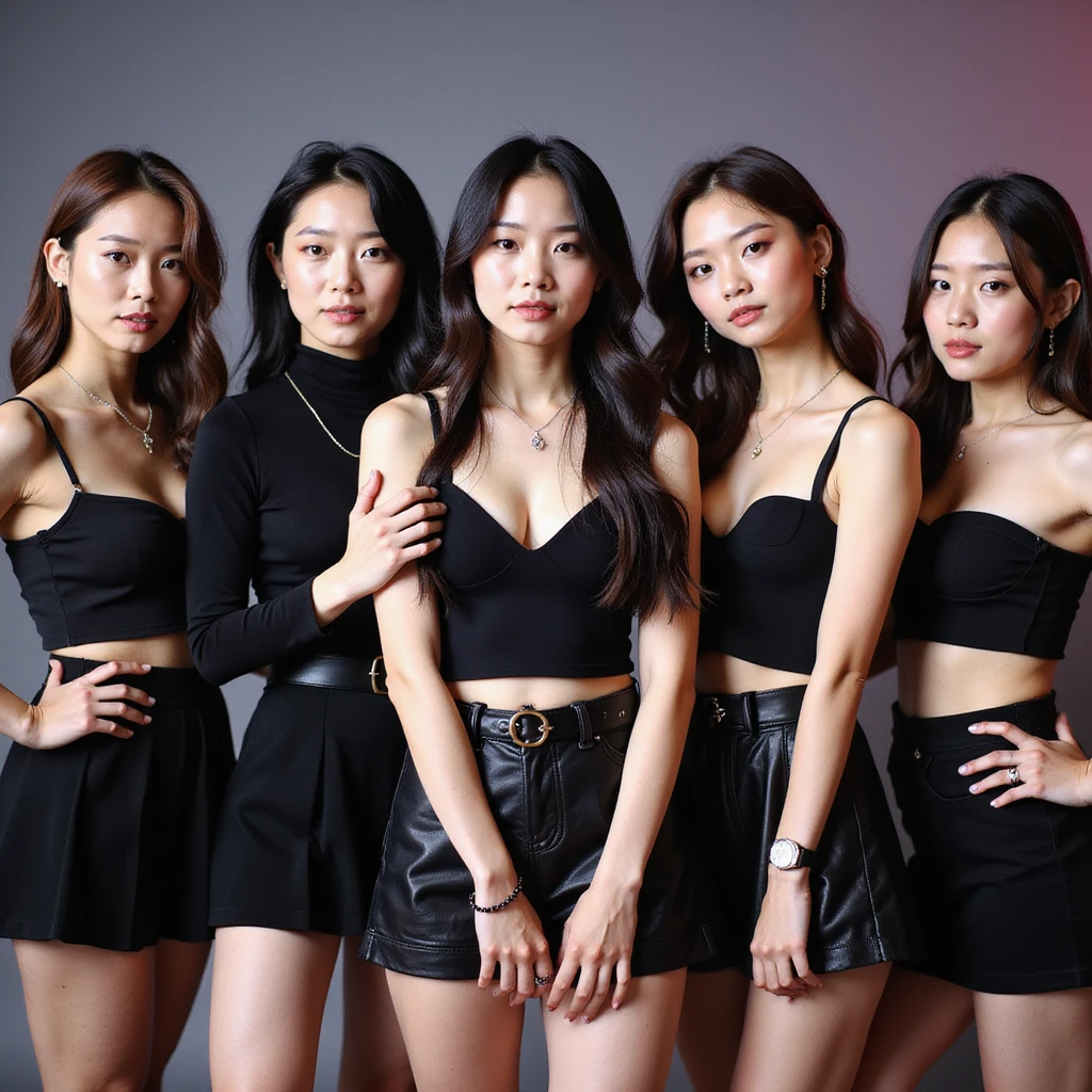 Blackpink K-pop idols, realistic portrait, modern fashion, confident expressions, concert vibe emoji