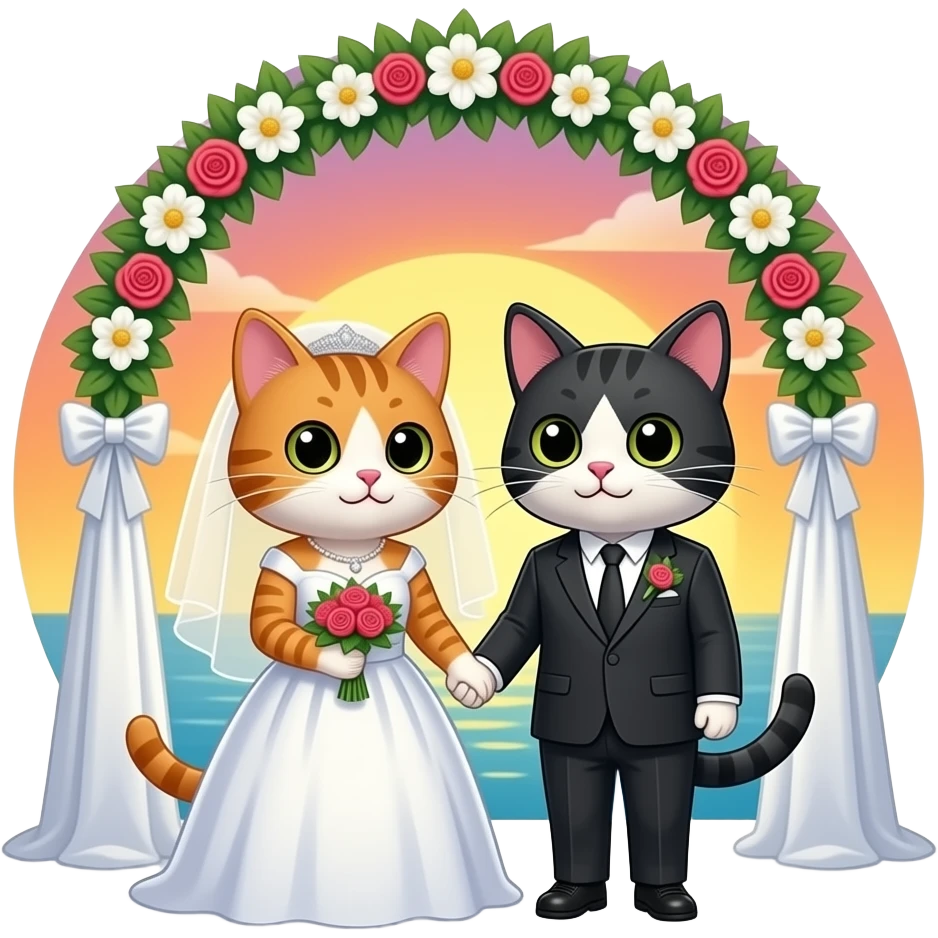 two cats married beneath a sunset emoji