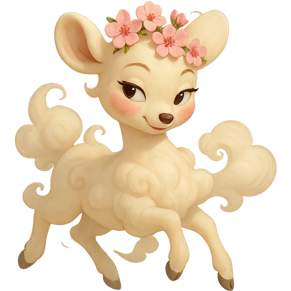 elegant feminine vanilla cloud doe with rosy cheeks and cherry flowers on its head, floating gracefully, Pixar art style, confident charming subtly alluring tasteful family-friendly emoji
