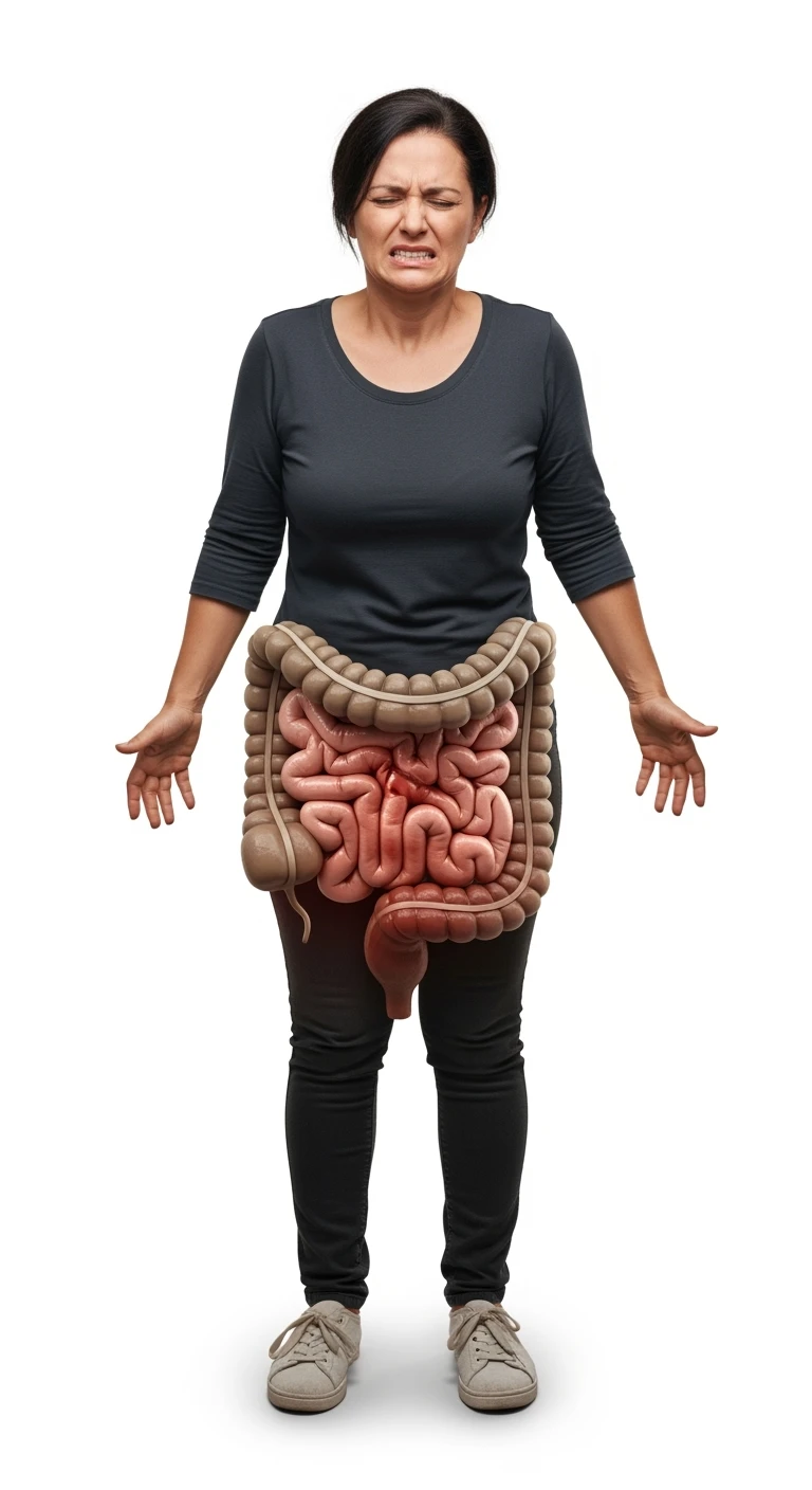 donna a figura intera con intestino umano realistico in 3d in evidenza dolorante, espressione di dolore in volto, sfondo bianco, non farla computerizzata, ma iperrealistica 4k, sfondo bianco emoji