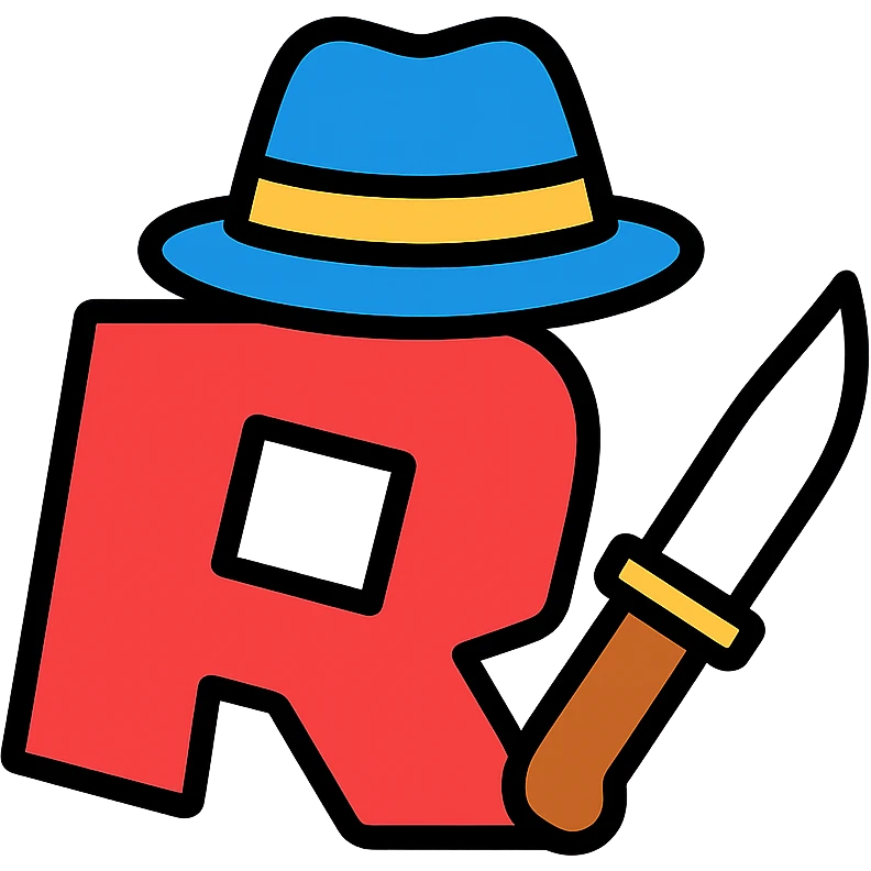 Roblox Murder Mystery logo with stylized R, knife and detective hat, color outline style emoji