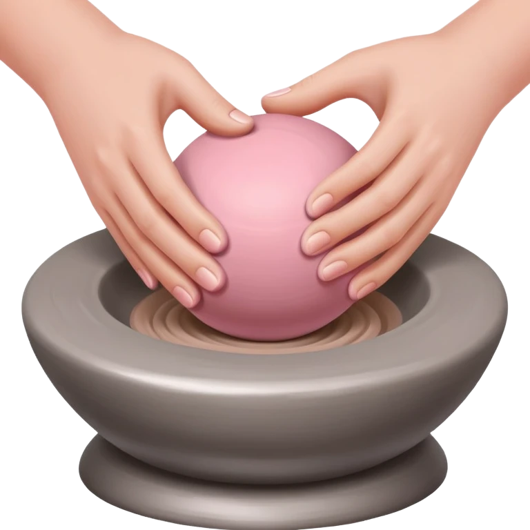 two hands kneading a pink ball of clay over a silver pottery wheel without the clay touching the wheel emoji