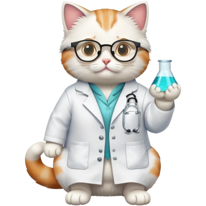 cat full body sitting wearing scientist glasses and a lab coat emoji