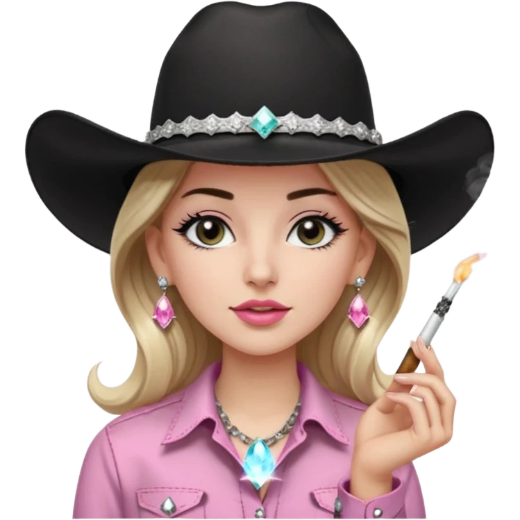 White girl, long black eyelashes, black cowboy hate with hat band sparkling, long light brown straight hair, pink and black western shirt, smoking a joint,  big white diamond stud earrings emoji
