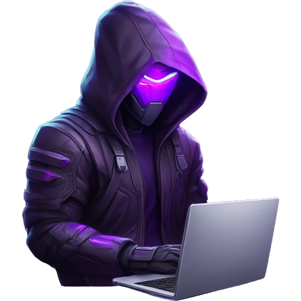 developer behind his laptop with this style : crysis Cyberpunk Valorant neon glowing bright purple character purple violet black hooded assassin themed character emoji