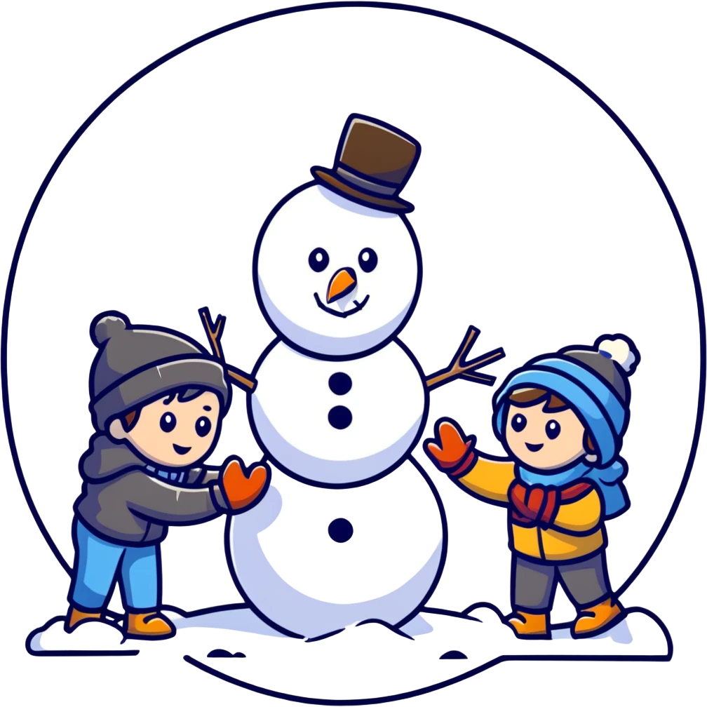 kids building a snowman, cartoonish and fun emoji