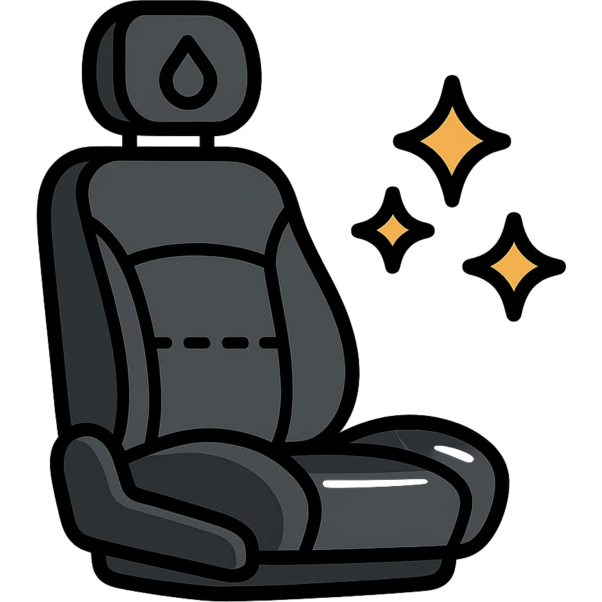 luxury car seat icon in matte black with a small droplet or shield on the headrest, elegant stitching, minimalist lines, extra shine and sparkling effects, modern and clean style, no text emoji