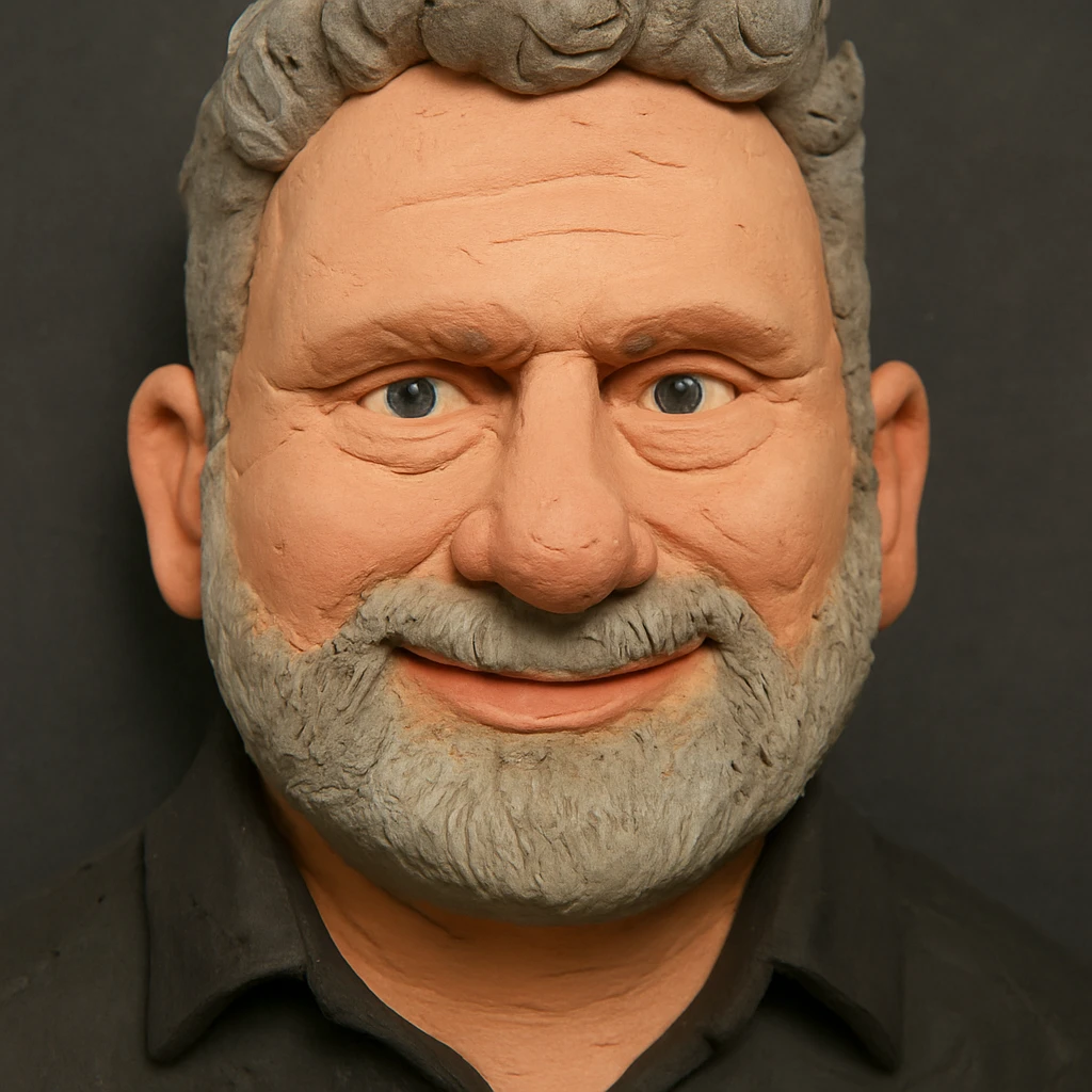 Claymation portrait of the user's face with an even larger forehead, friendly and confident facial expression, background in anthracite color, slightly different perspective. emoji