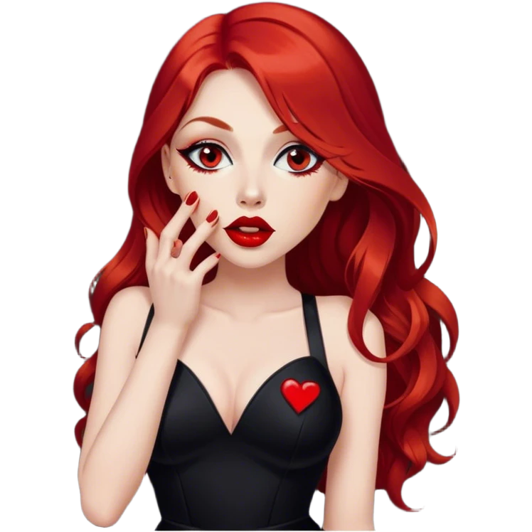 a pretty woman with long red hair and red eyes. The woman wear a black little cutted dress. She have red lipstick and she have a seductive look. She send a kiss emoji