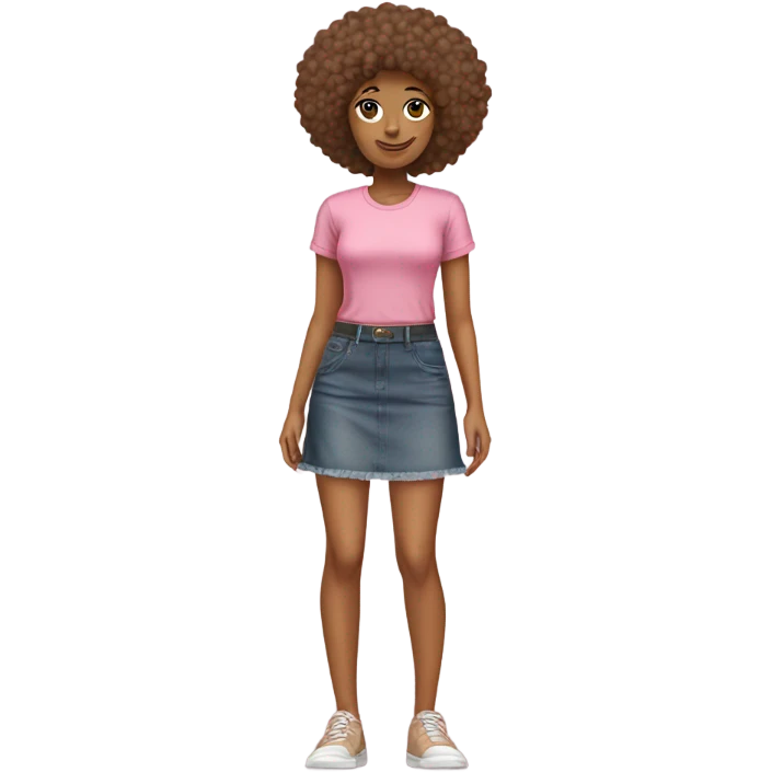 Tan girl with Afro posing full body jean skirt pink shirt emoji
