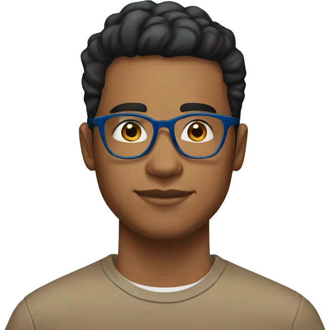23 year old, brown man, black hair taper fade haircut, clear glasses, wide head, blue shirt emoji