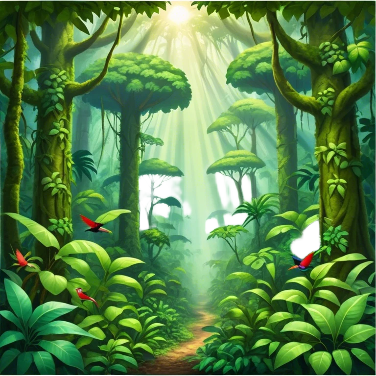 Cinematic Realistic Rainforest Emoji, Lush and vibrant, filled with towering trees, thick vines, and dense green foliage, sunlight filtering through the canopy above, creating dappled patches of light on the rich, diverse undergrowth. The air is heavy with moisture, with mist rising from the forest floor and distant calls of exotic birds and animals echoing through the trees. Soft glowing outline, capturing the essence of a thriving, untamed tropical paradise filled with life! emoji