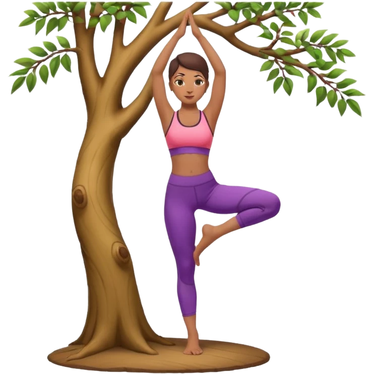 A woman standing in a tree pose (Vrksasana), wearing a sport bra and leggings in color C52975 emoji