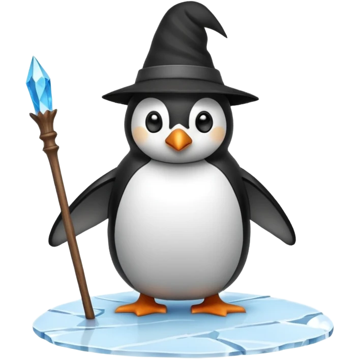 A penguin wizard with a pointy hat and a wand, standing on an ice floe emoji