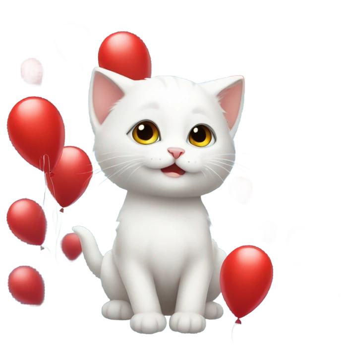small white kitten and red balloons emoji