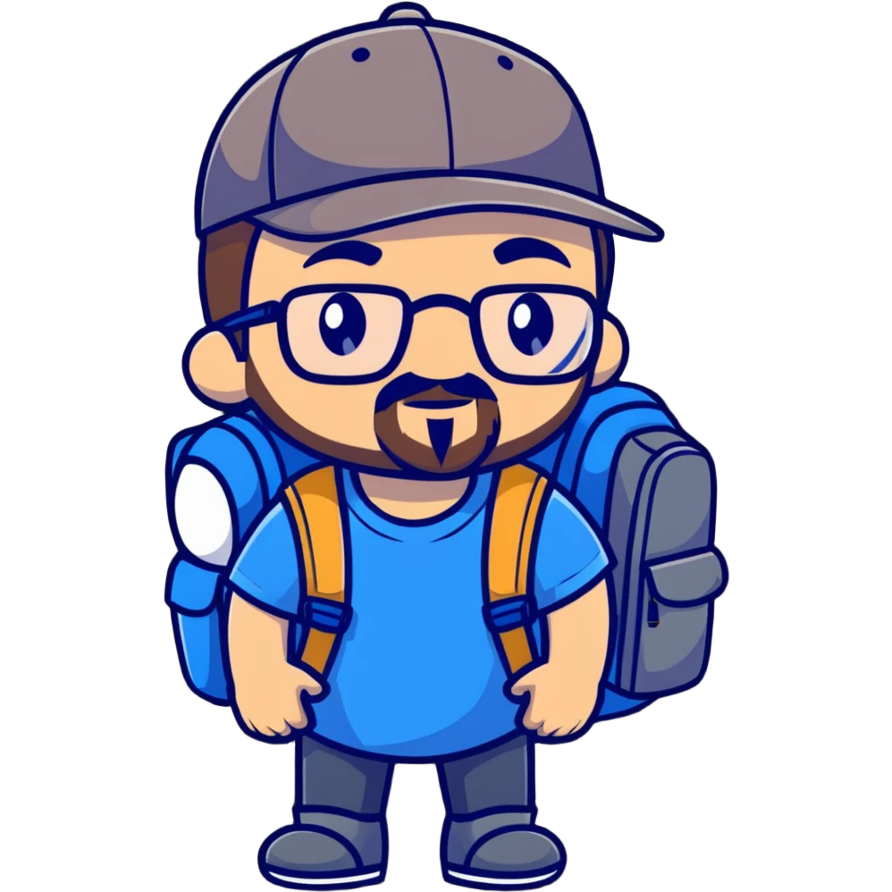 adventurer with goatee beard (no beard on cheeks), short hair, glasses, backwards baseball cap and backpack emoji