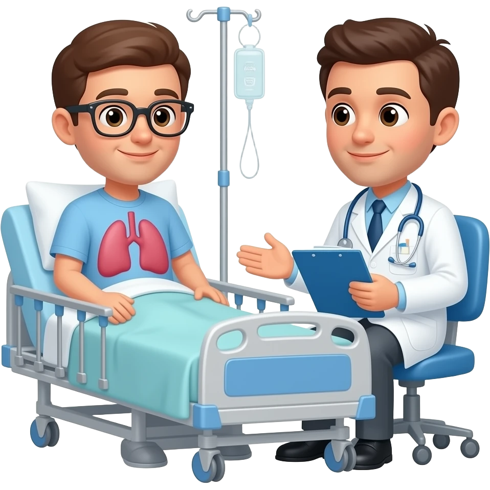 paciente con cáncer de pulmón en consulta hospitalaria con médico emoji