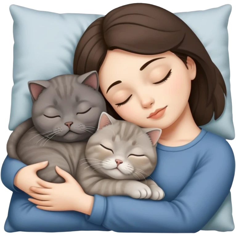 Grey scottish fold cat and brunette woman sleeping together  emoji