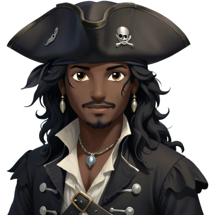 A charismatic pirate with wavy black hair that falls just past his shoulders, tousled slightly by the sea breeze. He wears a black tricorn hat with subtle silver embroidery along the edges, casting a shadow over his sharp, confident features. His piercing dark eyes glint with mischief as he gazes to the side, a knowing smile playing at his lips. His well-fitted black coat, adorned with polished silver buttons and intricate stitching, moves slightly with the wind, revealing glimpses of a deep-crimson waistcoat underneath. A silver chain dangles from his belt, catching the dim golden light of the setting sun. His posture is relaxed yet assured, exuding effortless charm as if he owns the sea itself. emoji