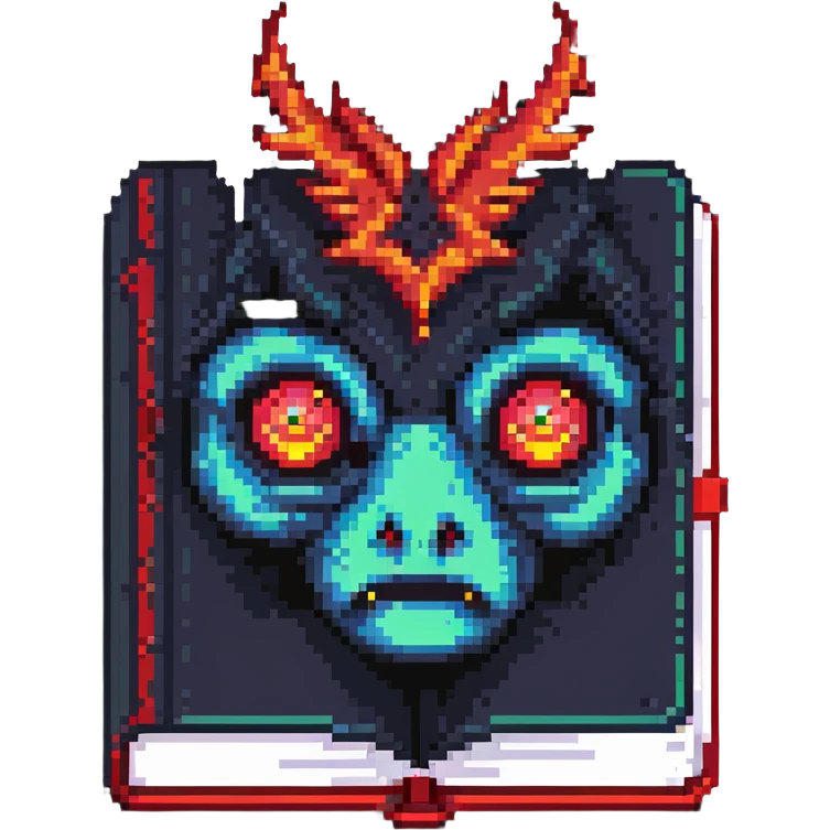 red book with glowing eyes and dark aura in pixel art style emoji