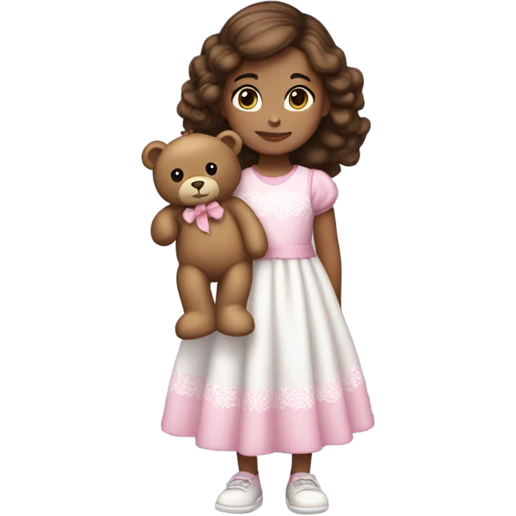 Little Girl White, black eyes.  brown hair  She is wearing a pink and White dress, standing and holding on to a teddy bear. emoji