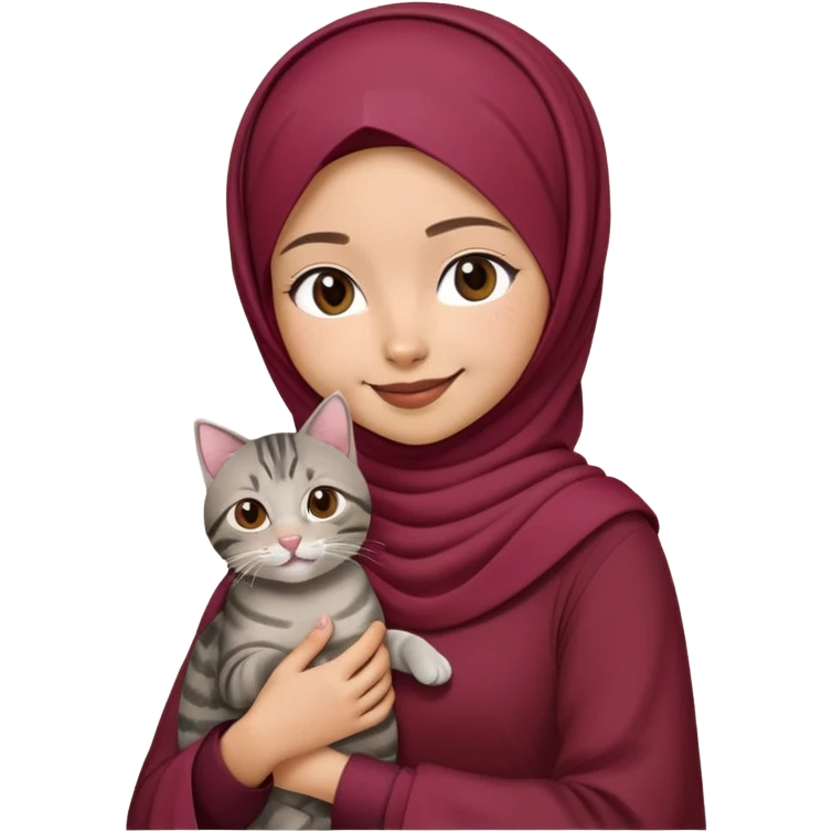 Asian white girl wearing  maroon hijab with dress holding a black grey tabby cat while smiling emoji