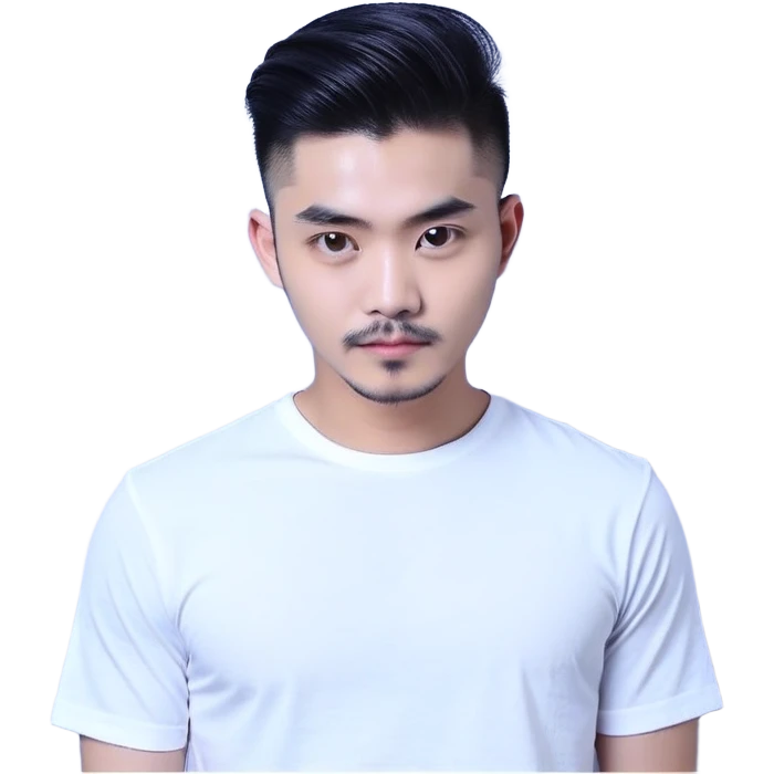 Nam 15 tuổi, da trắng, tóc under cut màu xanh lá cây vuốt ngược ra sau, mắt đen, áo khoác da màu cam , bên trong mặc áo cộc tay màu trắng, đeo khuyên tai màu bạc, mặt ngầu emoji
