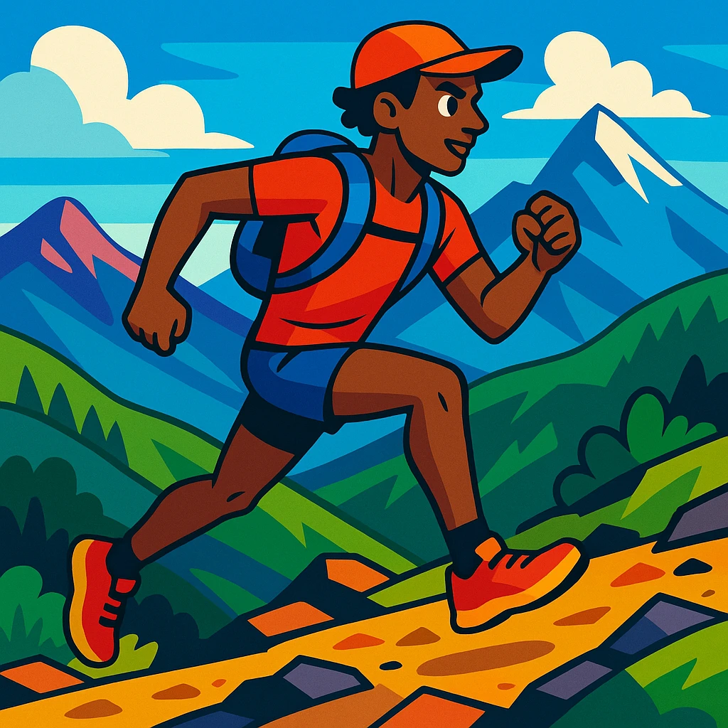 mountain trail runner, vibrant toon style, dynamic pose, outdoors, athletic, scenic background emoji