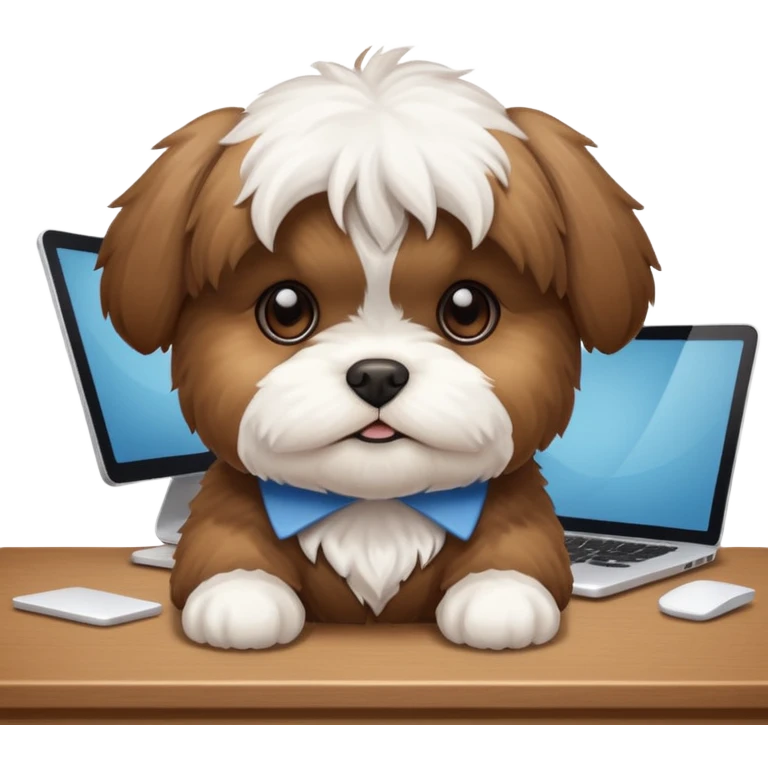 preciso de um cachorrinho da raça shitzu em cima de uma mesa de escritório emoji