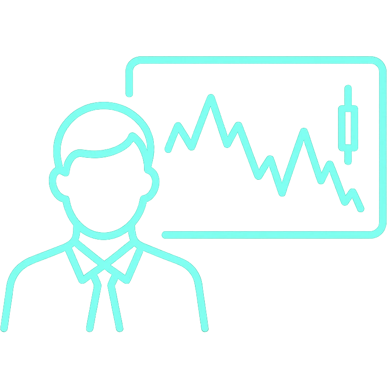 minimalist neon icon of a trader watching a volatile stock chart, color #0BD794, glowing lines emoji