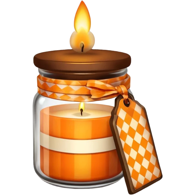 Brown jar with an orange checkered ribbon and candle in it emoji