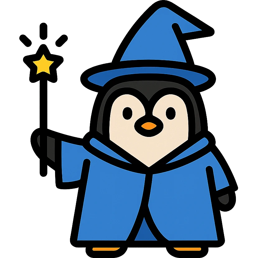 a penguin wizard with a blue robe and a glowing wand, modern vibrant icon style emoji