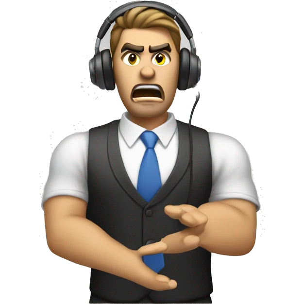 Angre sales agent making a sales call wearing a headset angry face emoji