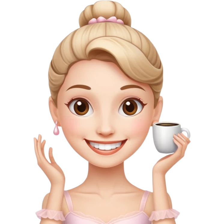 happy ballerina smiling with teeth but head is a coffe mug with a little steam coming out  emoji