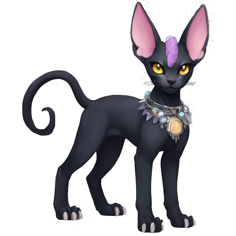 cool punk kawaii anime edgy distinguished pretty elegant beautiful fantasy black ethereal nargacuga-Noivern-sphynx-Quiana-Fakemon collar harness jewels full body emoji