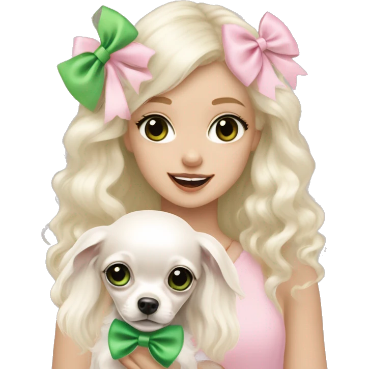 pale blonde girl with long platinum white wavy hair with bright green eyes and wearing a light pink hair bow holding a black and white long haired chihuahua puppy also wearing a hair bow emoji