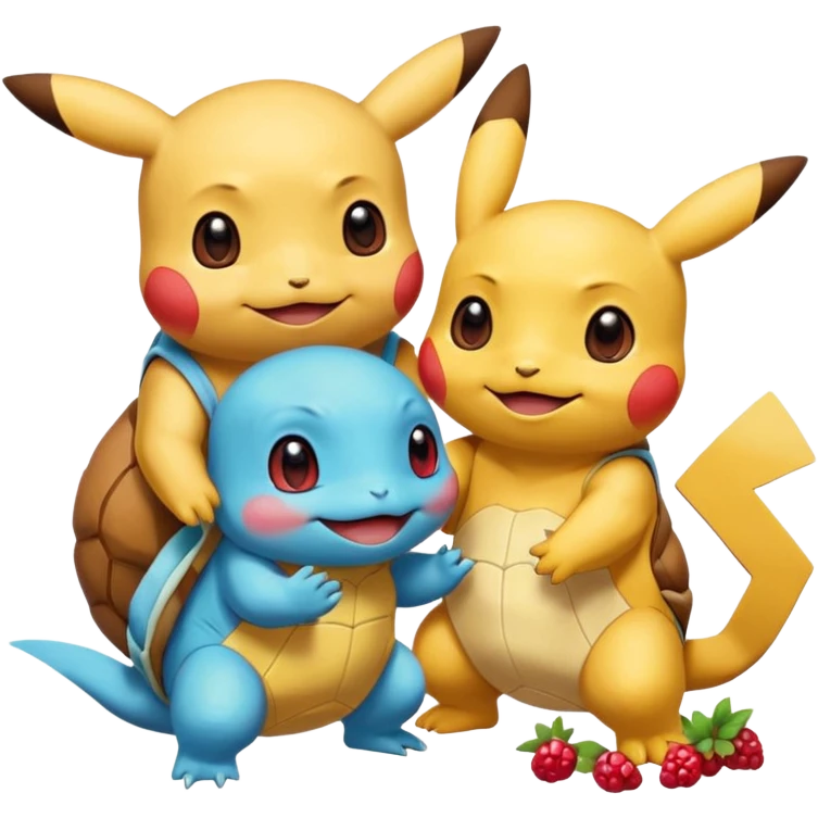  Pikachu has a light to share, but Squirtle has none. Pikachu sees this is unfair, so he shares the berries with Squirtle. They smile and eat together. Show this as a cute Pokémon emoji scene about justice and fairness.

 emoji