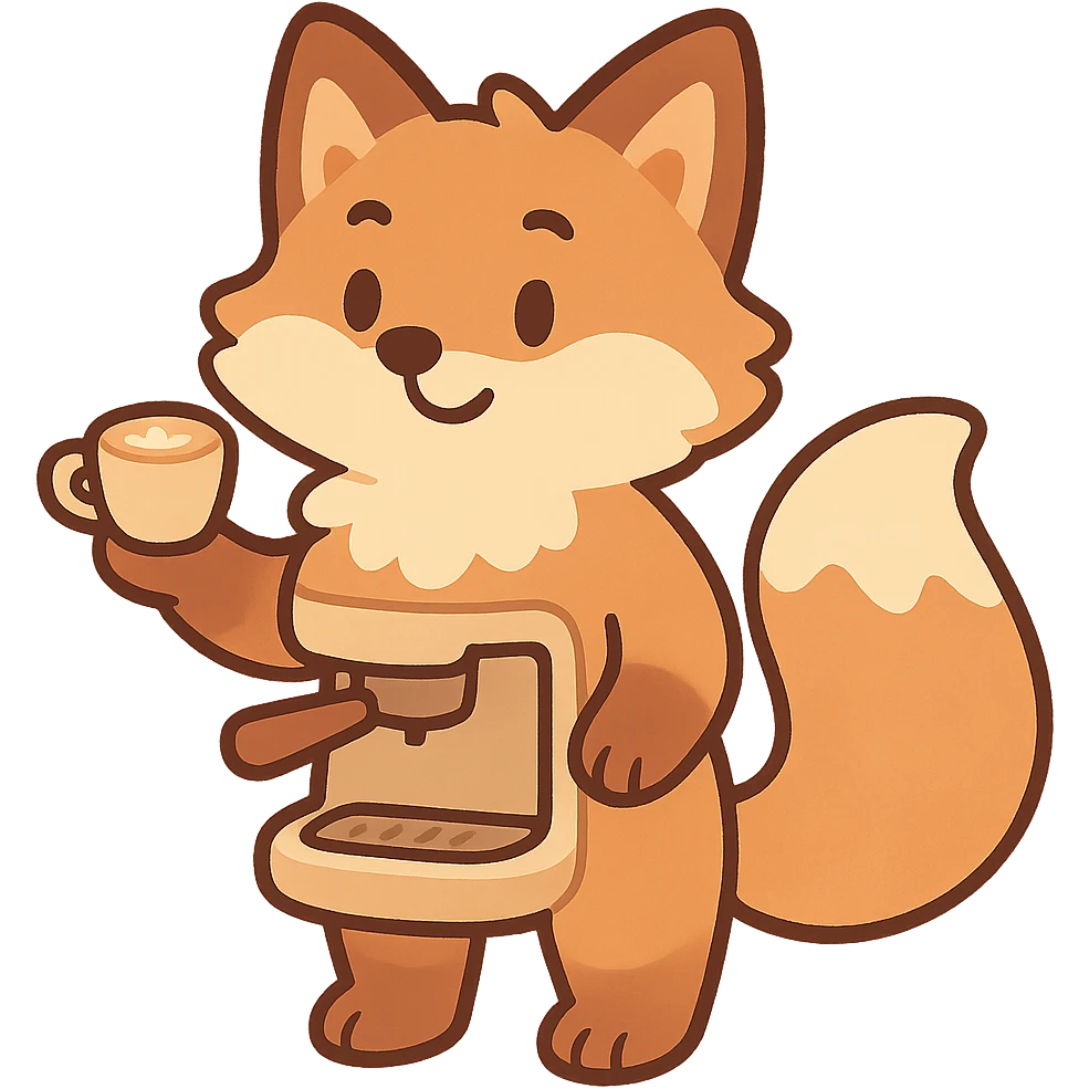 soft pastel style, soft fluffy fox as a coffee maker holding a tiny latte cup, brown and beige tones, full-body emoji